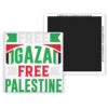 Square magnet featuring ‘Free Gaza Free Palestine’ in bold red and green Palestinian flag colors, with magnetic backing and California Creations Scotland website on the reverse.