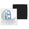 Square magnet featuring ‘My First Eid’ text with a crescent moon and cloud design in soft blue and grey tones, with magnetic backing and California Creations Scotland website on the reverse.