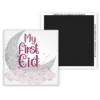 Square magnet featuring ‘My First Eid’ text with a crescent moon and cloud design in soft pink and grey tones, with magnetic backing and California Creations Scotland website on the reverse.