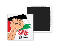 Square magnet featuring a raised fist illustration over Palestinian flag colors with the text ‘Save Palestine’, with magnetic backing and California Creations Scotland website on the reverse.