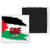 Square magnet featuring ‘Save Palestine’ text over a brushstroke-style Palestinian flag design, with magnetic backing and California Creations Scotland website on the reverse.